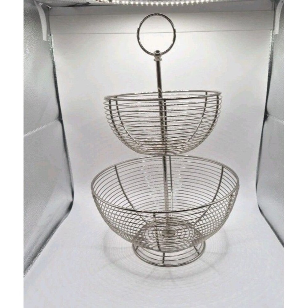 2 Tier Chrome Basket Storage Fruit & Vegetable Round Bowl Kitchen Stand Rack